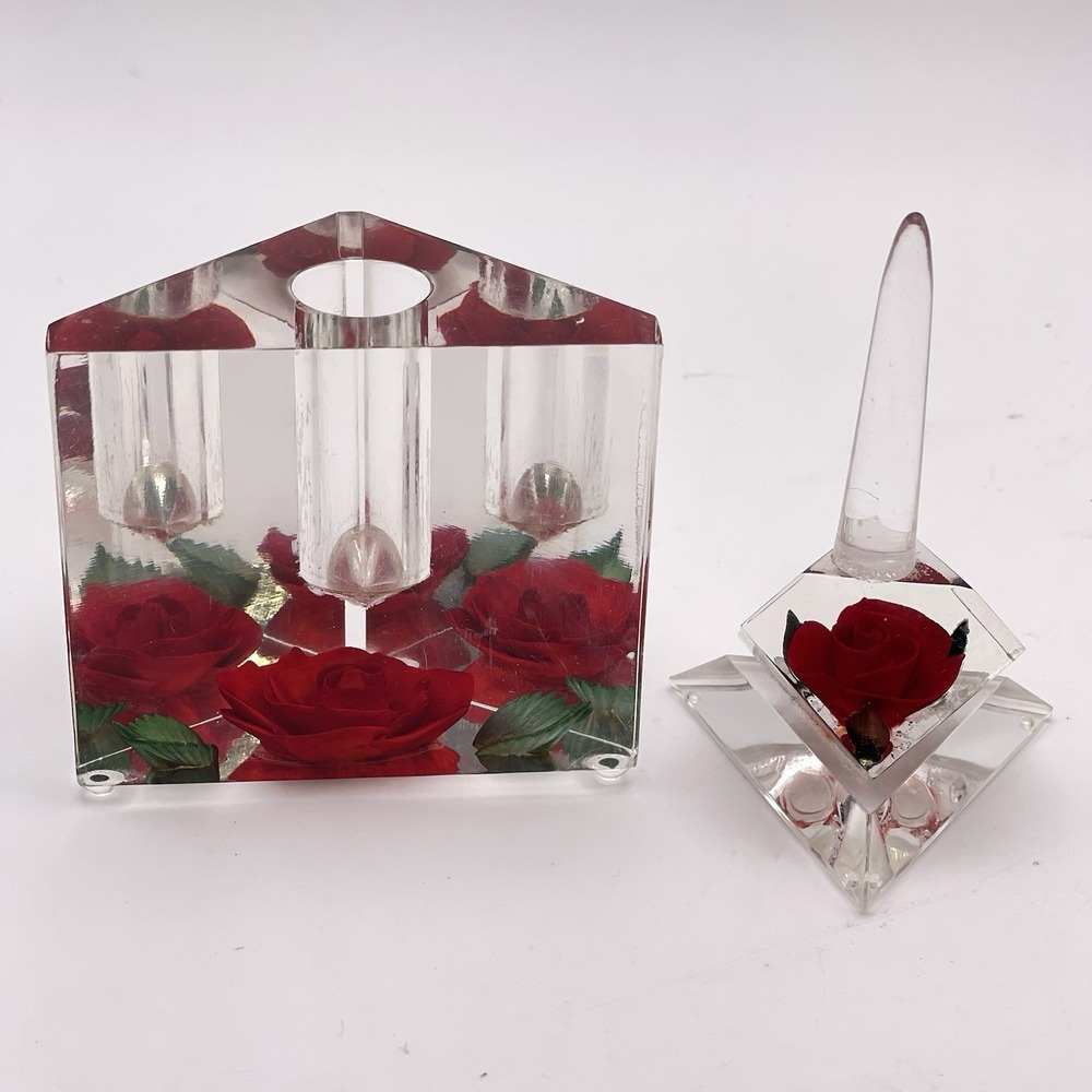 Vtg Bircraft Lucite Ring Holder & Candle Stick Holder/Bud Vase Red Rose USA